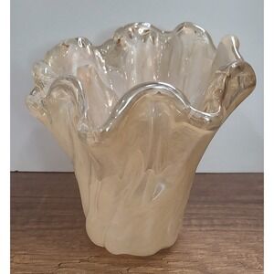 Vintage 6" Italian Murano Style Shell Shaped Glass Vase Cream Candle Holder S2